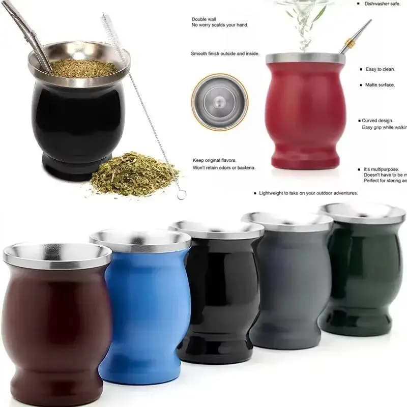 Taza Mate de 230ML, taza de té portátil de doble pared de acero inoxidable 304, calabaza de té Mate de 8oz con cuchara de paja 2 en 1, cepillo de limpieza