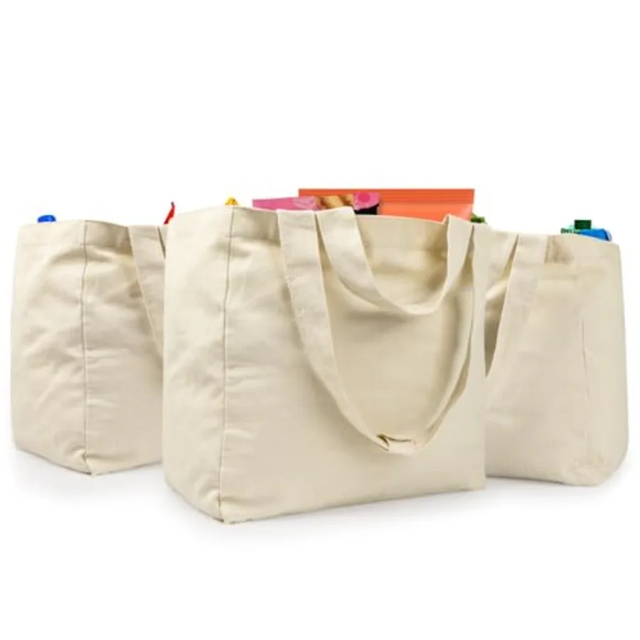 

Canvas Grocery Bags with Dual Handles 3pc XL,Large Reusable Shopping Bags for Groceries, Inner Pockets, Washable, Shrink Resist