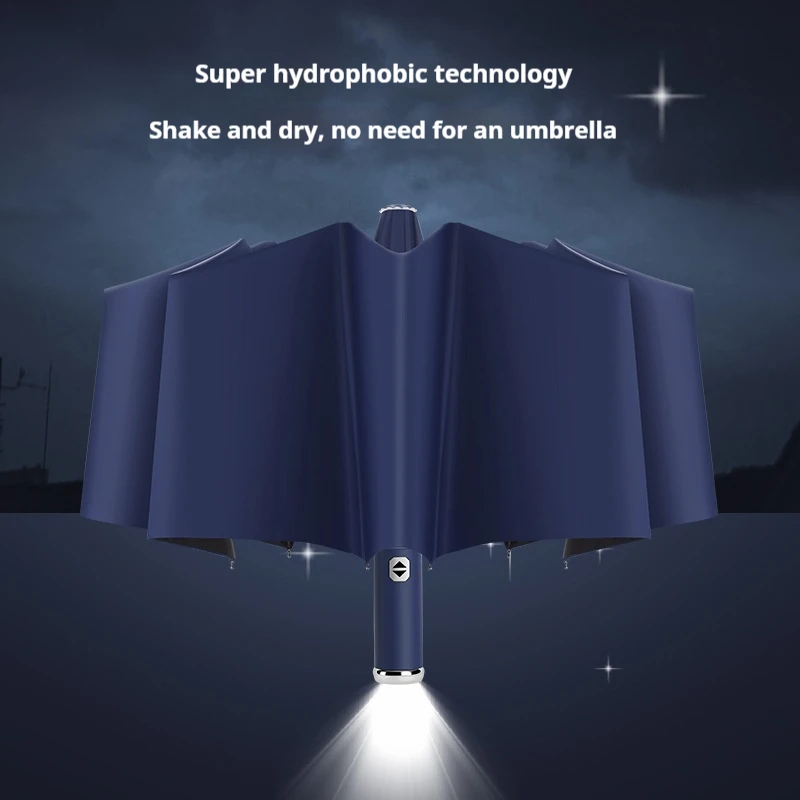 10 Bone Fully Automatic Three Fold Umbrella, Rotatable LED Flashlight, Business Wind Resistant Folding Umbrella, Sunny Umbrella