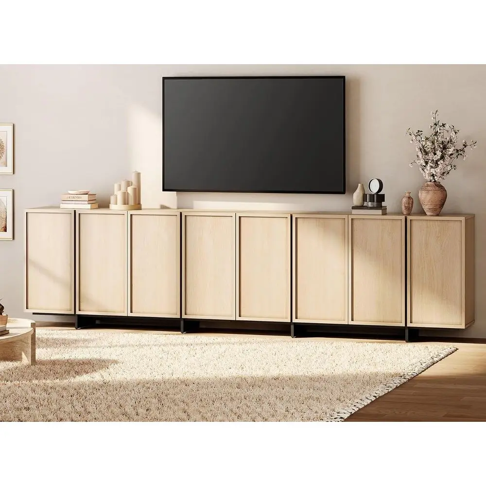 

Wooden Entertainment Center for TVs up to 110, with 8 Door Storage and T-Shaped Legs, Light Oak Finish