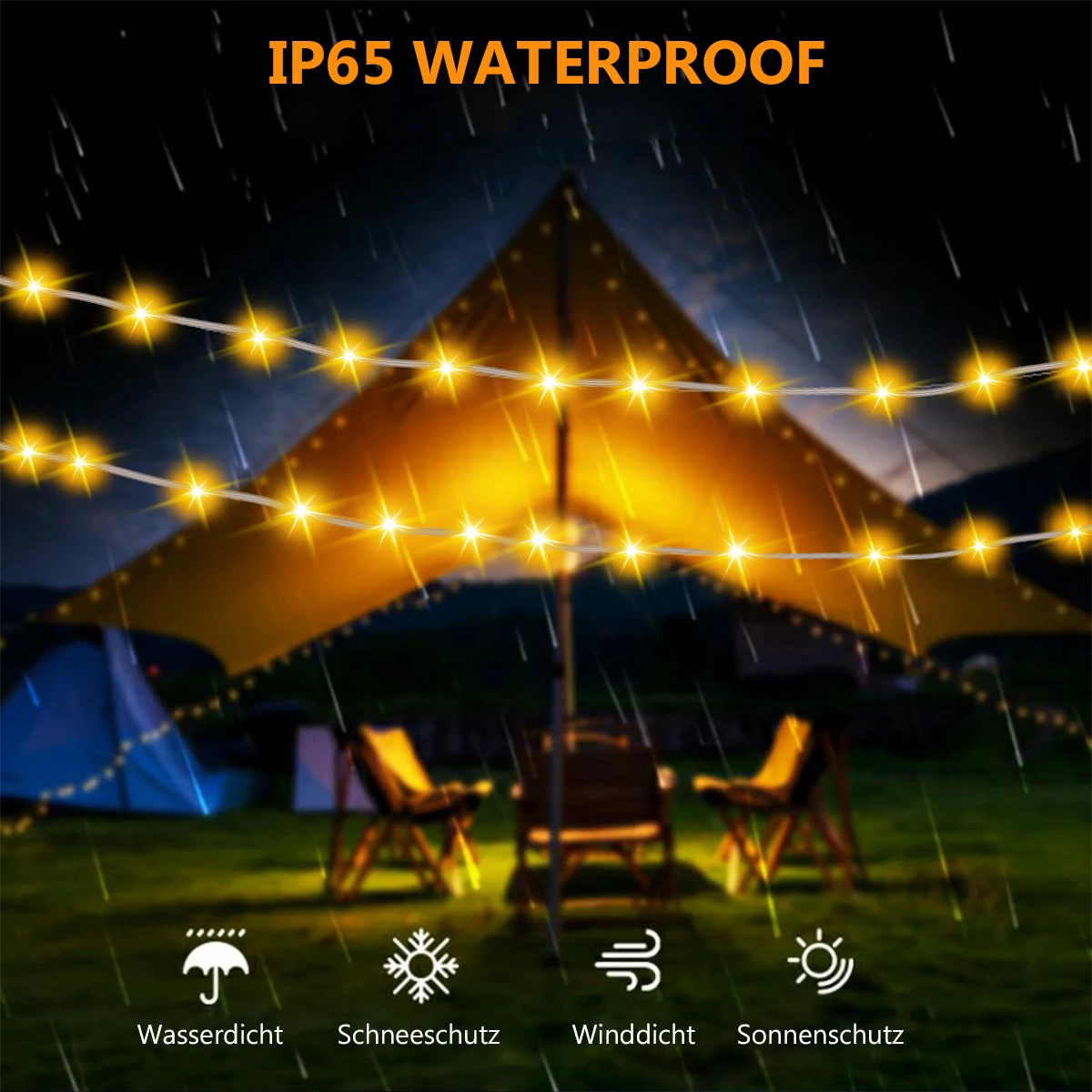 Camping String Light Solar /USB Rechargeable Waterproof Hanging Outdoor Camping Lantern with 3 Lighting Mode Portable Tent Light