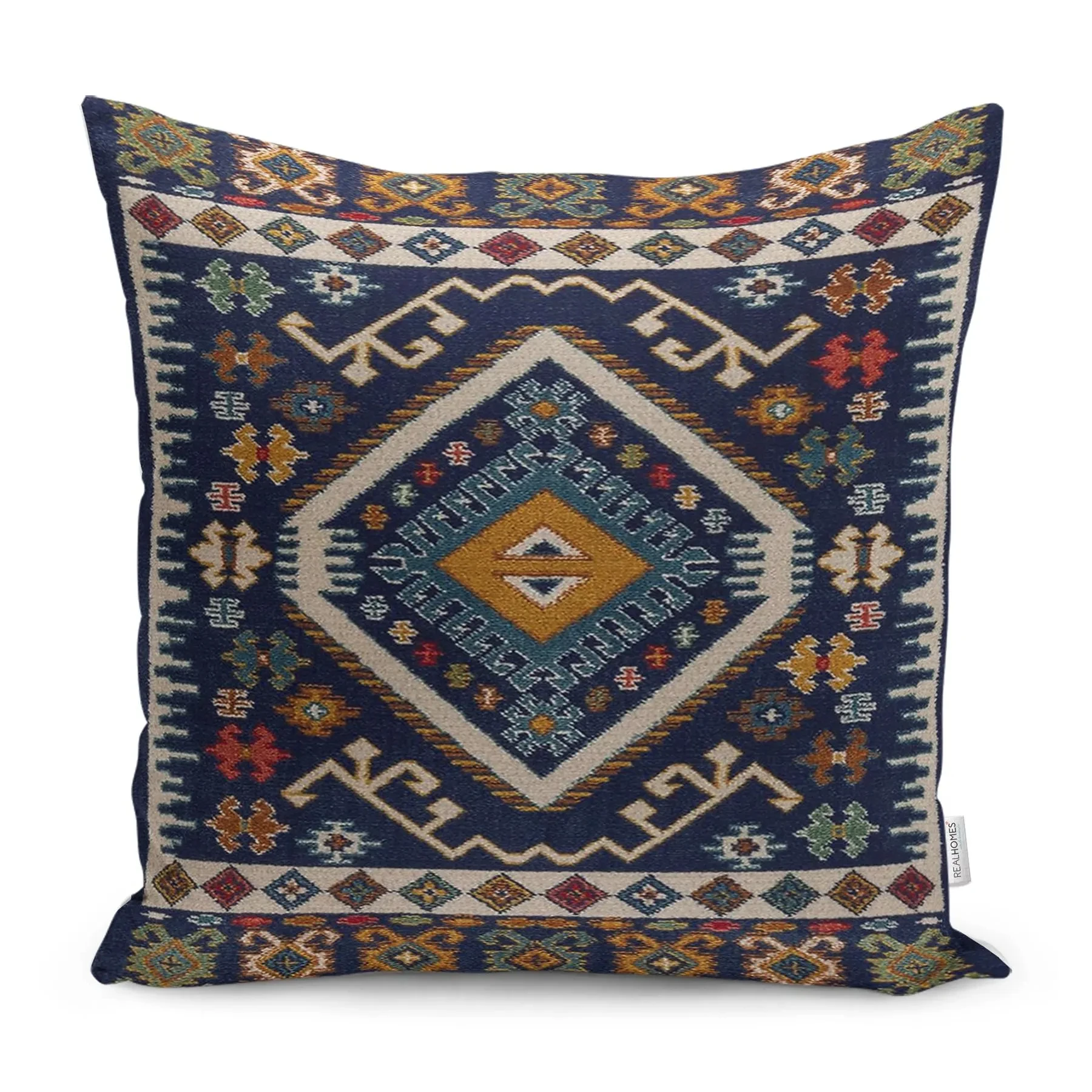 Boho Blue Oriental Kilim Pillow Cover, Turkish Persian Style Cushion, Vintage Rug Inspired Velvet Pillow for Farmhouse Decor