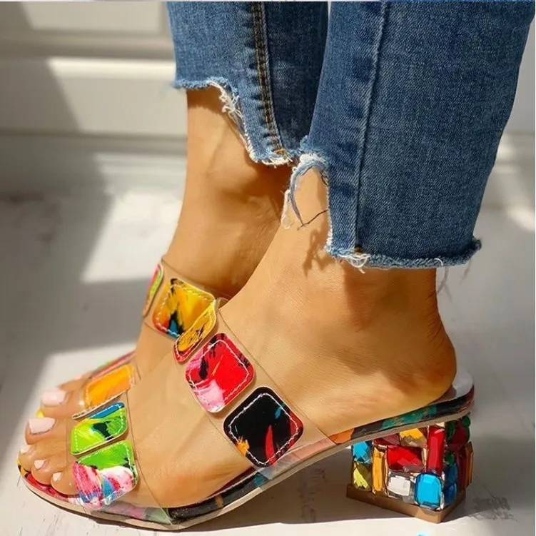 2024 New Women\'s Summer Sandal Platform Multicolour Rhinestone Sldes for Women Square High Heel Female Peep Toe Beach Sandals