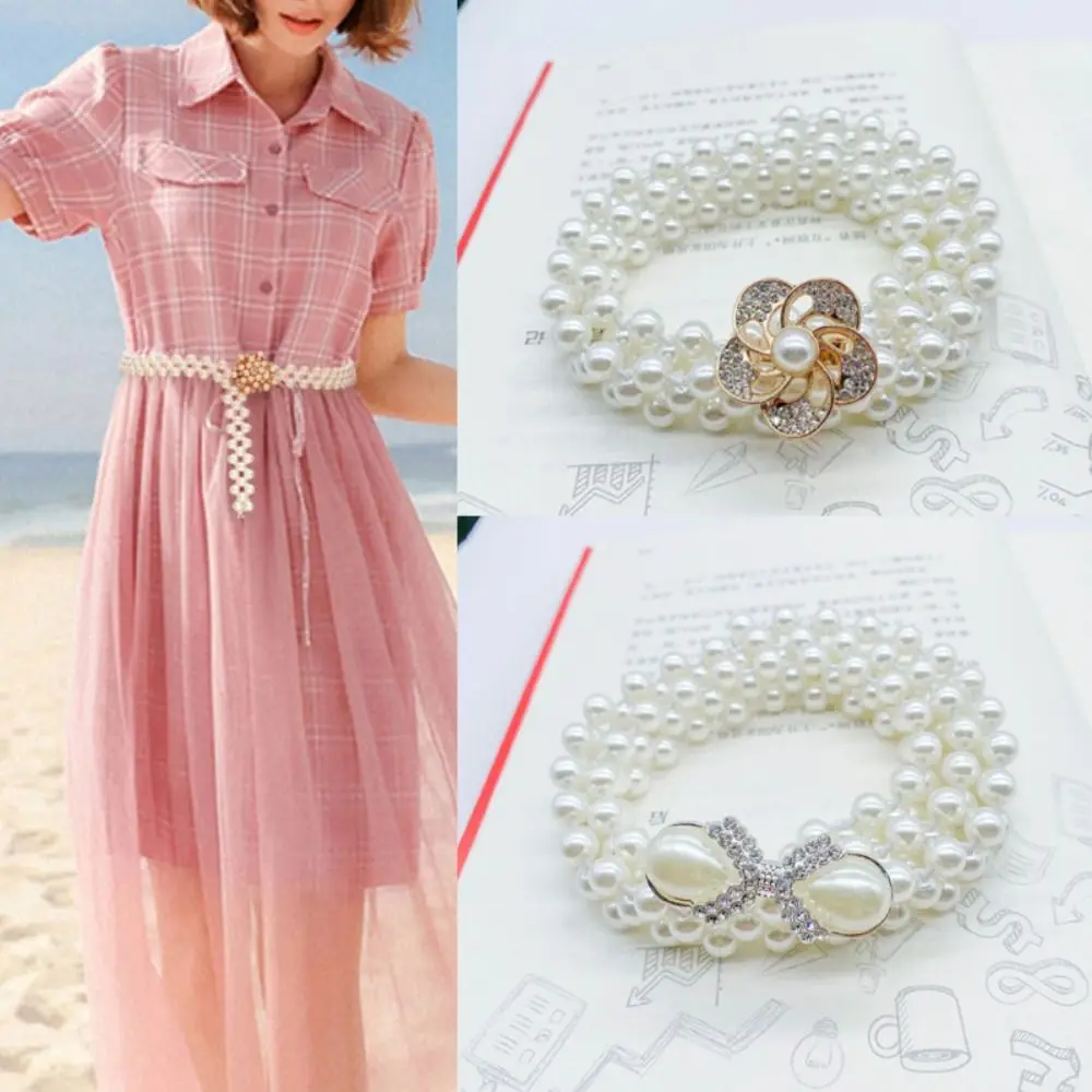 

Эластичный пояс с жемчугом, элегантный эластичный пояс с цветочным бантом, аксессуары для одежды, платье, джинсовое украшение, поясная цепочка для женщин