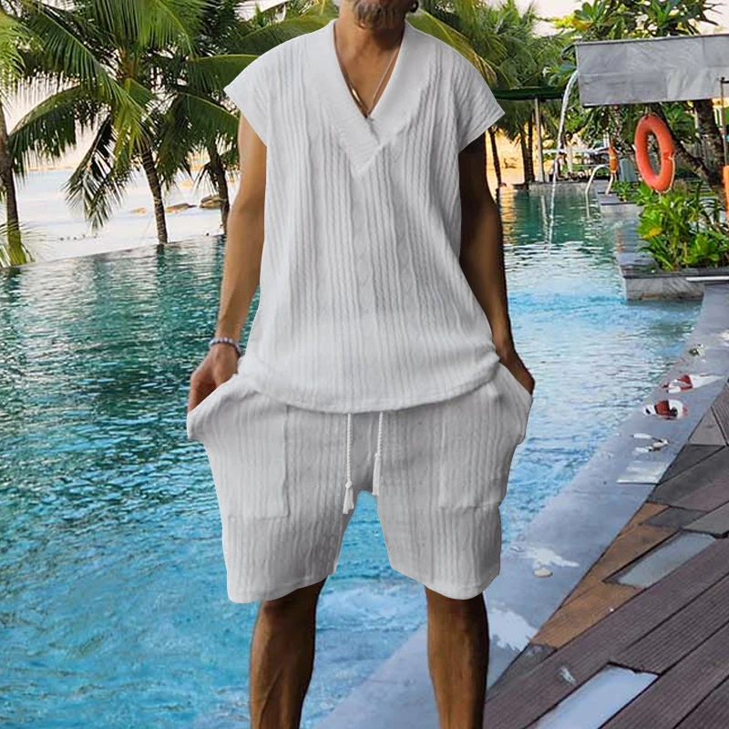 2024 Summer New Men's Set Quality Jacquard Knit Casual Sleeveless V-neck Vest Top Shorts Two-piece Men's Clothing Free Shipping