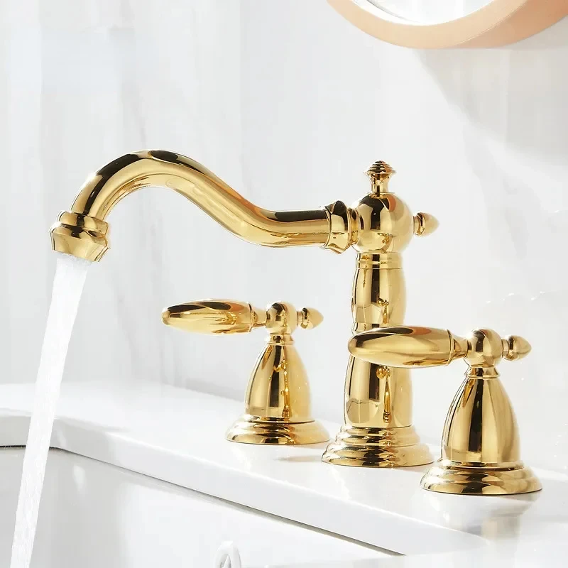 

Basin Faucet Brass Gold Widespread Bathroom Antique Sink 3 Hole Hot And Cold Water Tap Pop Up