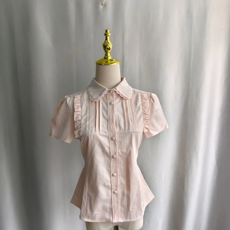 Kimotimo 2026 Summer Sweet Short Sleeve Shirt Women Ruffle Patchwork Lace Lapel Slim Waist Crop Top Vintage Y2k Aesthetic Blouse