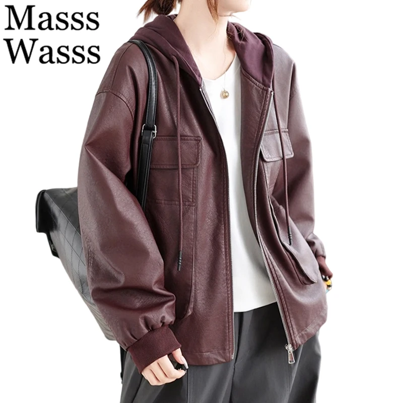 

Masss Wasss Spring Womens Fashion Hooded Faux Leather Jackets Ladies Loose Vintage Biker PU Coats Classic Casual Punk Outerwear