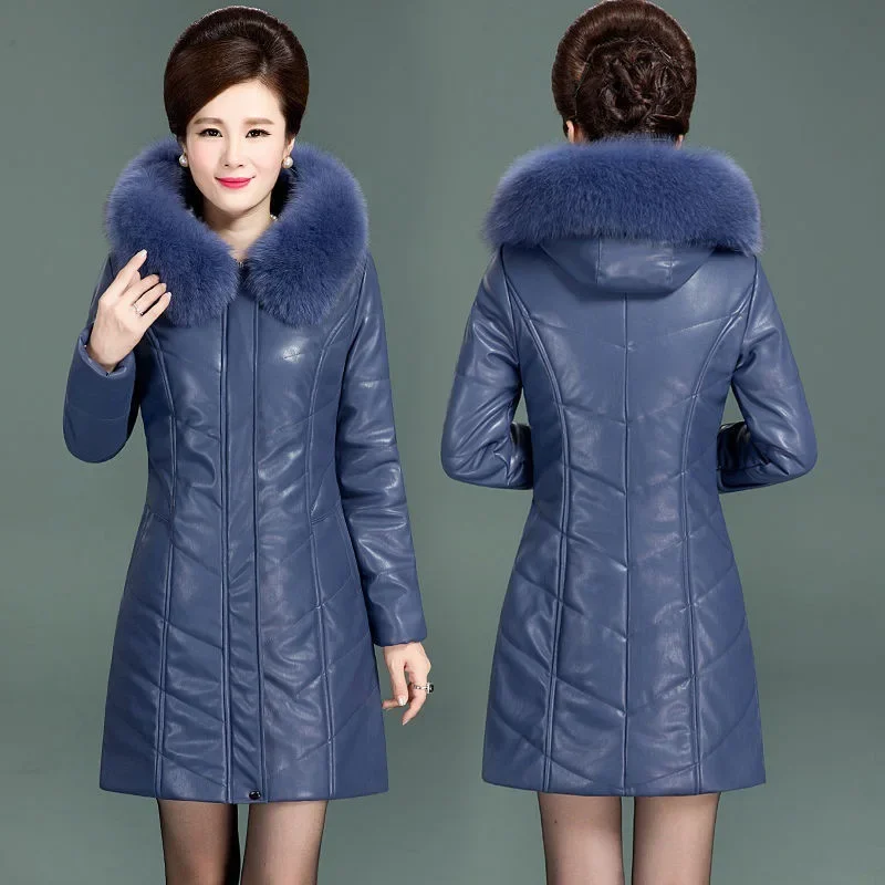 Veste en cuir PU pour femme, manteau d'hiver, fermeture éclair, col en fourrure, coton épais, chaud, à capuche, cuir PU, parkas pour femme d'âge moyen, E4866