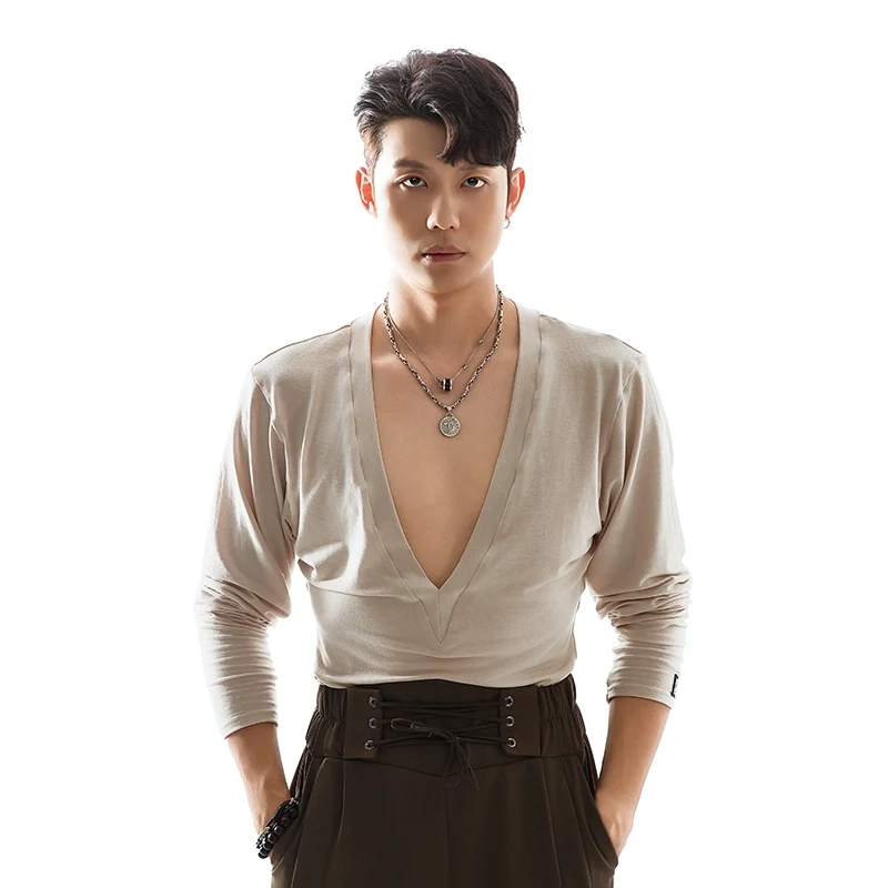 2025 New Latin Dance Tops For Men Big V-Neck Shirts Chacha Rumba Tango Dress Adult Male Latin Performance Stage Wear DQS18104