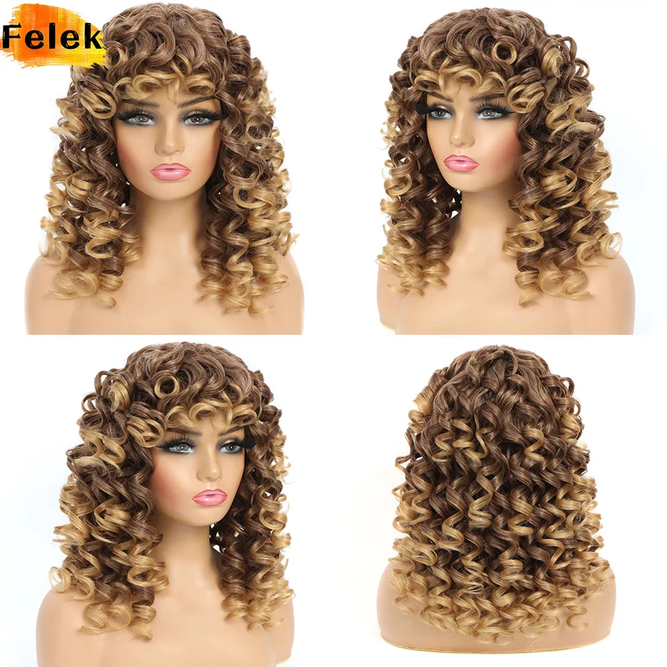 Short Curly Wig with Bangs Big Curly Synthetic Hair Cosplay Wigs for Women Blonde Black Natural 18 Inch Female African Afro Wig