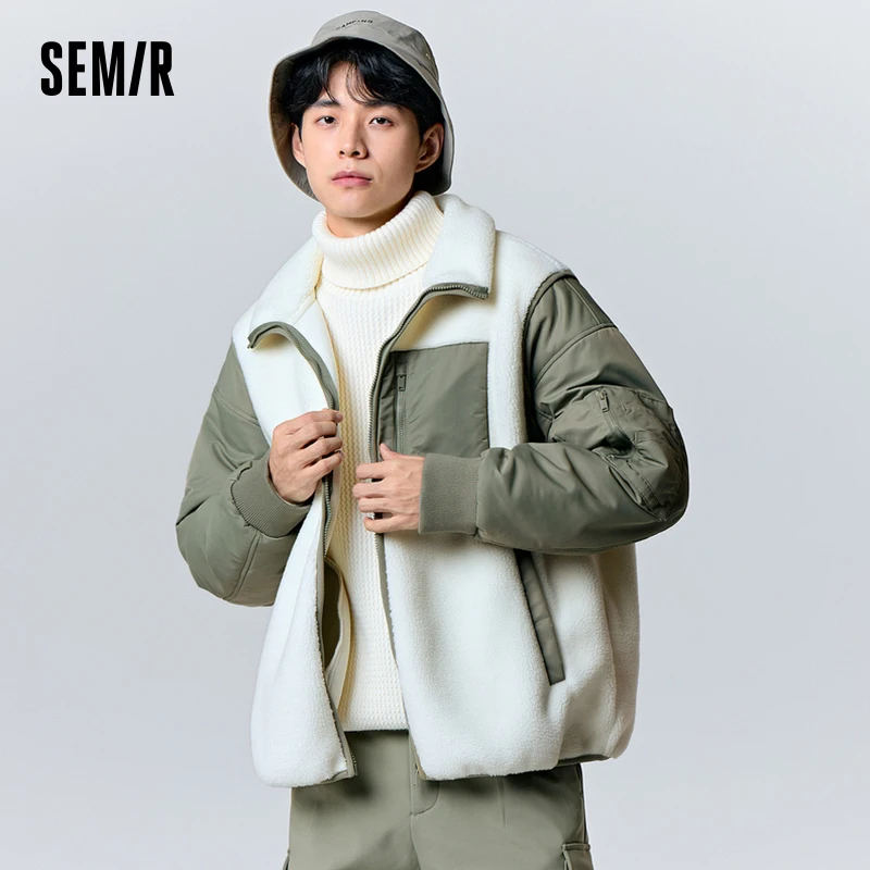 Semir Jacket Men 2023 New Winter Trendy Different Material Splicing Imitation Sherpa Warm Fashionable Loose Jacket