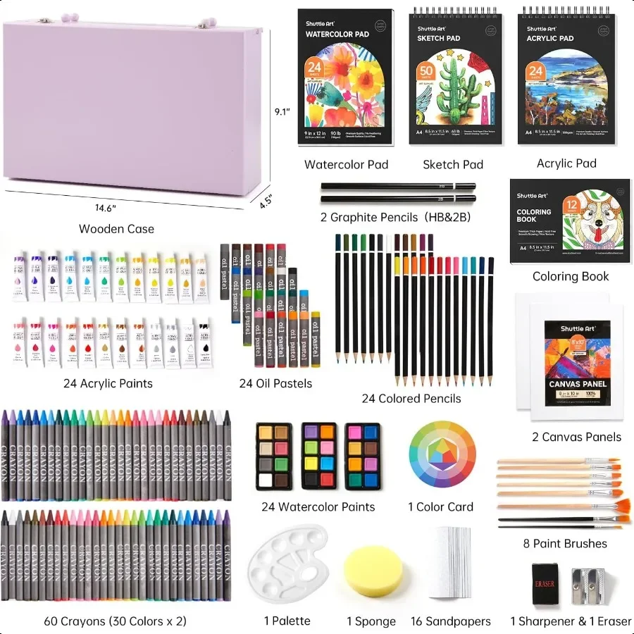 Deluxe Gift Art Kit 202Piece Wooden Art plies Set with 4 Drawing Pads Canvases Coloring Sheets Acrylic Paint Crayons Oil Pastel