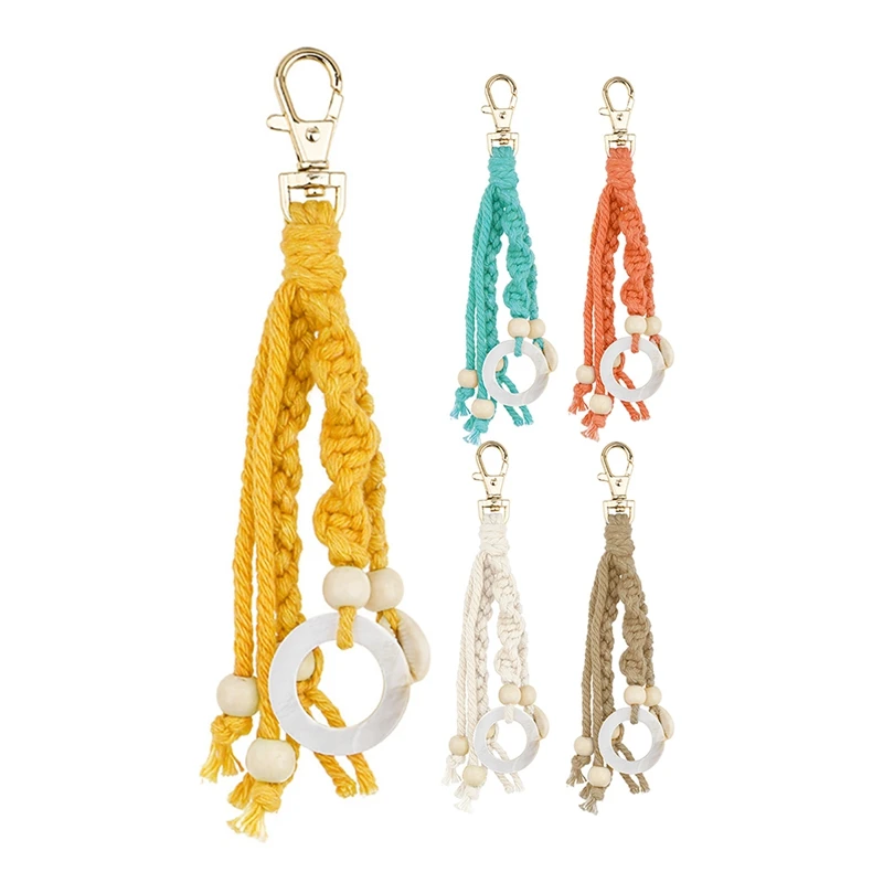 Boho Macrame Keychains With Wood Bead And Seashells, Handmade Accessories Keychain For Purse Keys