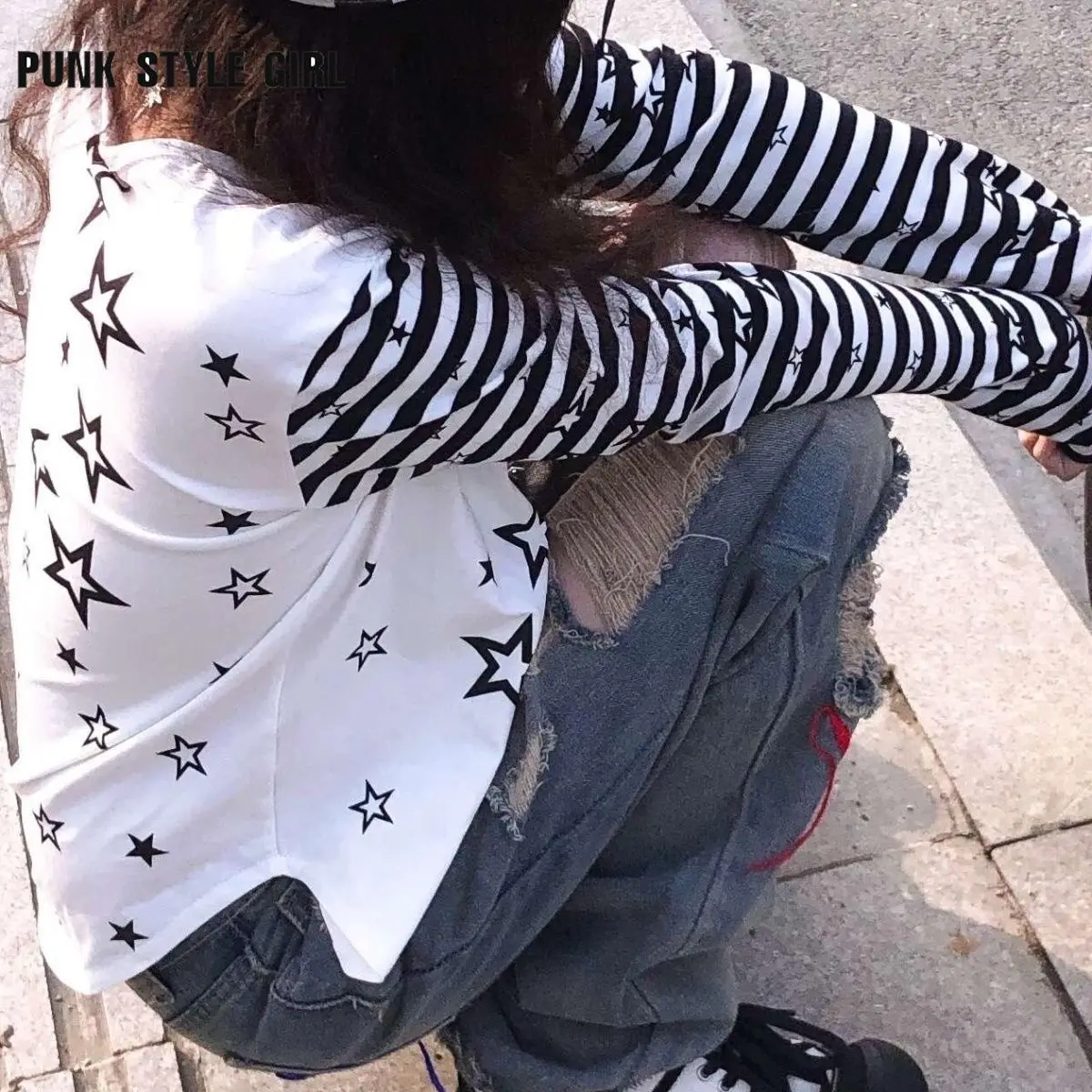 90s Striped Star Print Cartoon Harajuku Kawaii Women's Tshirts Japanese Style Long Sleeve Autumn Casual Aesthetic Y2k Tee Shirts