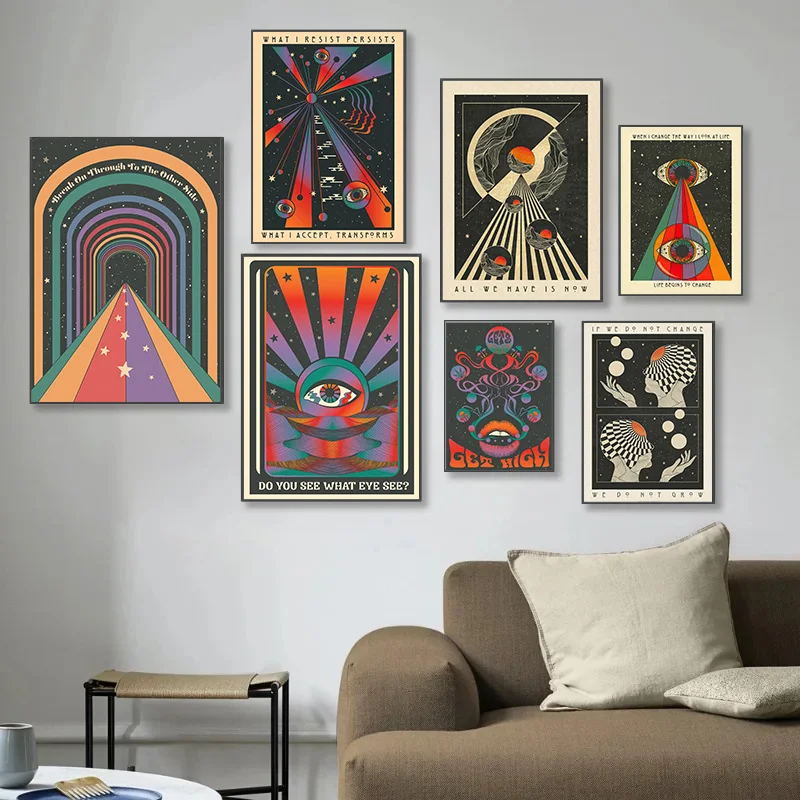Retro Bohemian Psychedelic 70s Poster Inspirational Quotes Meditation Wall Art Canvas Painting Pictures Hippie Home Room Decor