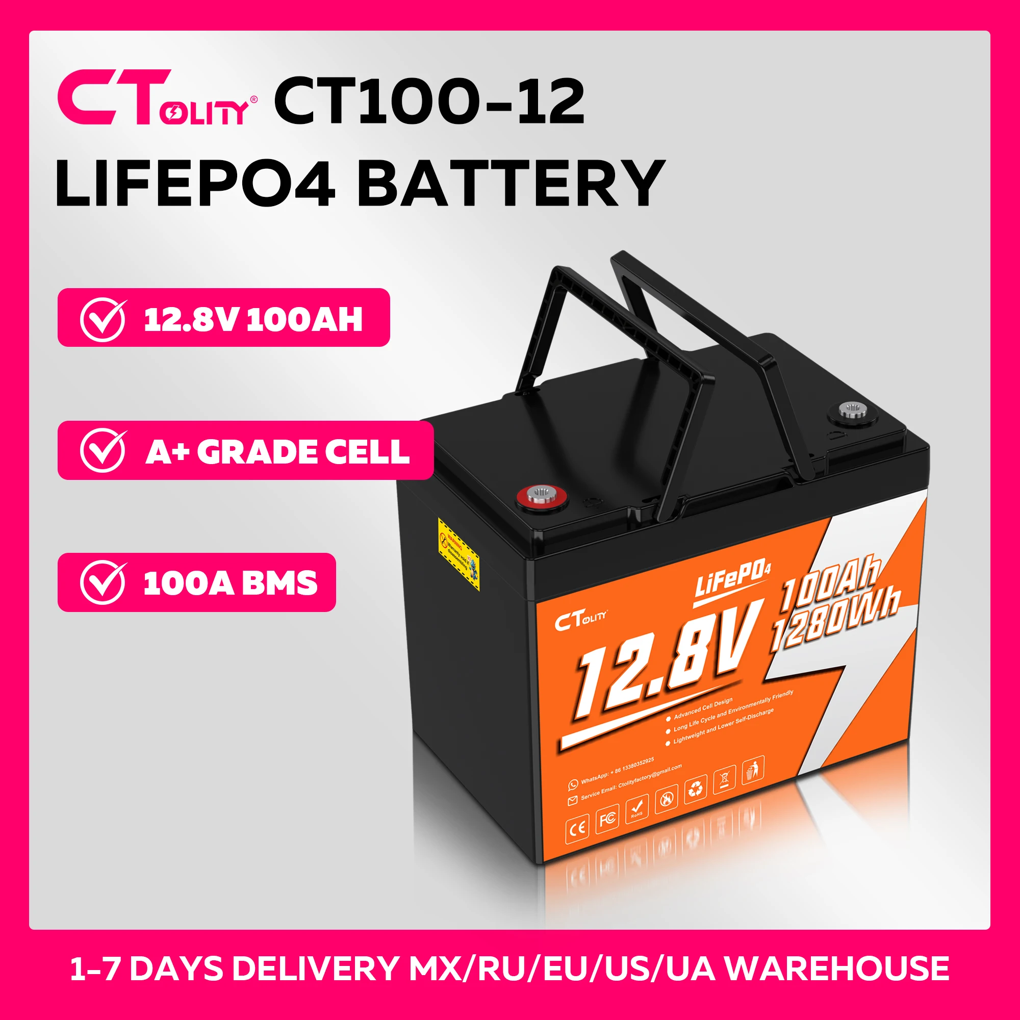 CTOLITY CT100-12 Generador Solar 12,8 V 100Ah 1280Wh Células de Grado A Batería LiFePO4 4000+ Ciclo incorporado 100A BMS Max 1280W RV