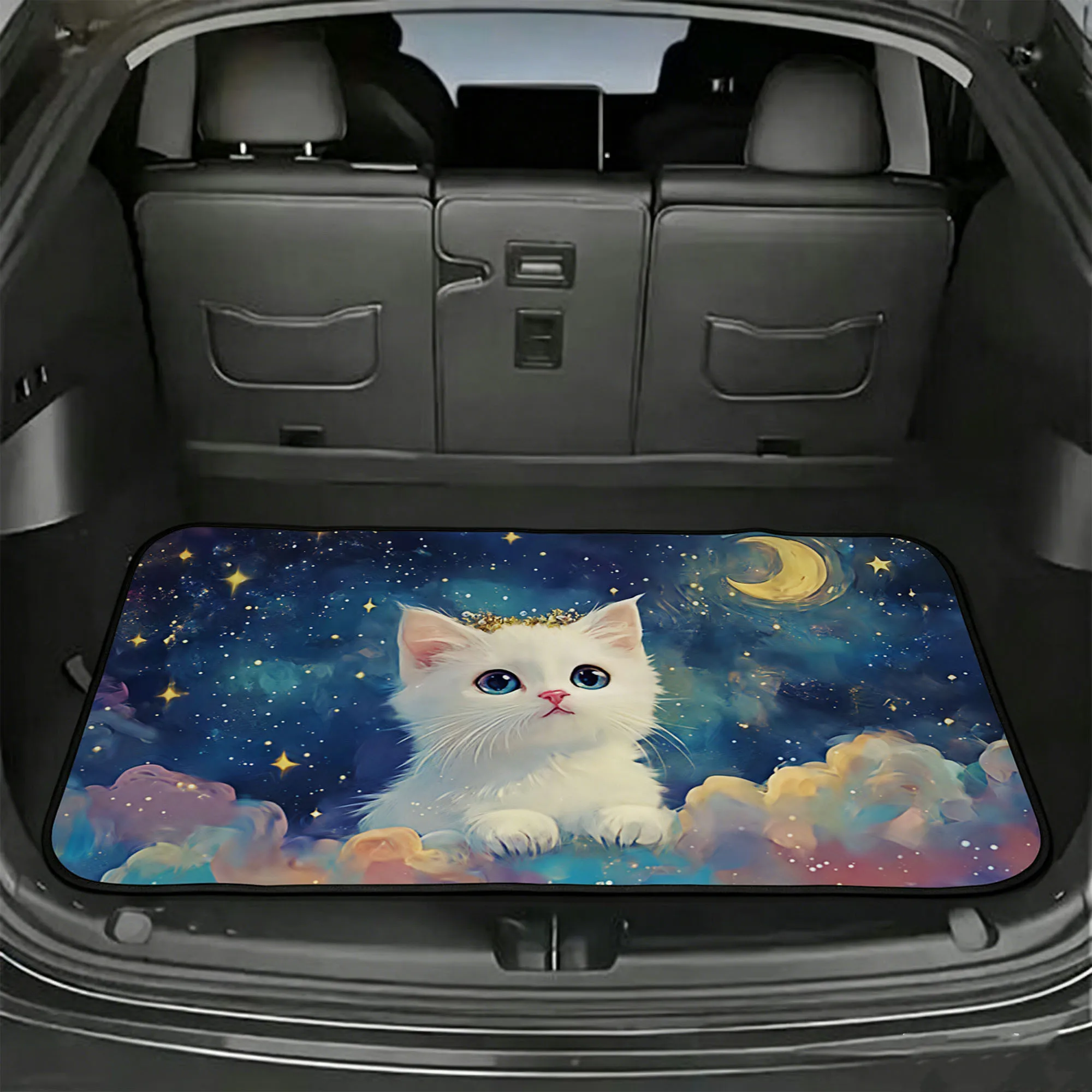1pc Car Trunk Mat, 2D Flat, Fantasy Style Kitten White Car Trunk Mat, For Sedans, Trucks, And Suvs, All-Season, 2D Flat Print, K