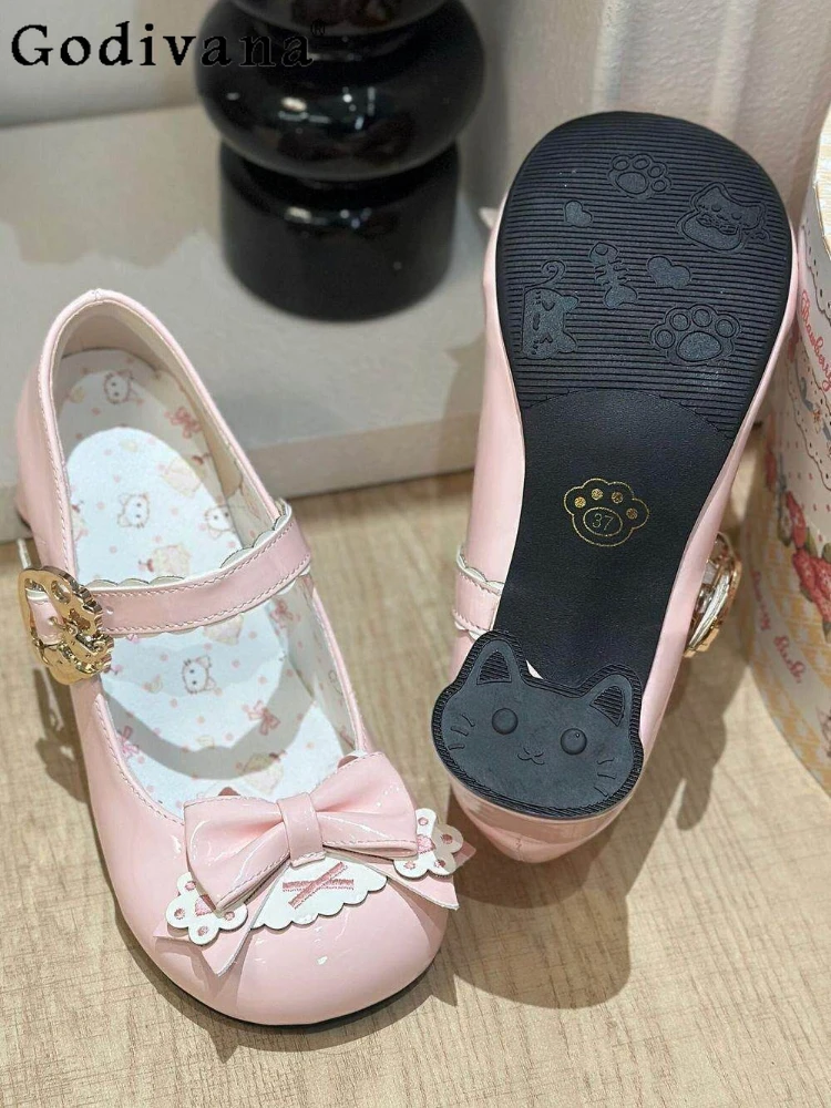 

College Style Japanese Original Cartoon Lolita Women's Shoes Bow Round Head Thick Heel Cute Sweet Mary Jane Single Shoes