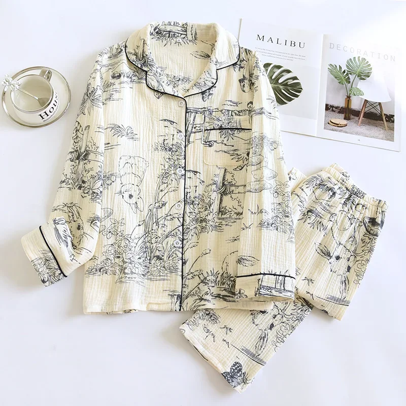 2024 Spring and Autumn Women\'s New Pajama Set 100% Cotton Crepe Long sleeved Pants Cute Home Fury Two piece Set Pijamas Ladies