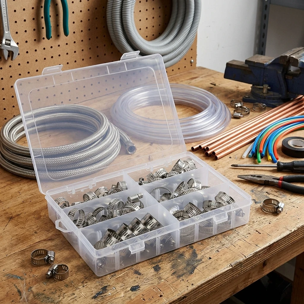 

A Box Of Multiple Stainless Steel Clamps Throat Clamps Water Pipe Fittings Single Ear Pipe Clamp Kits And Multiple Pipe Clamps