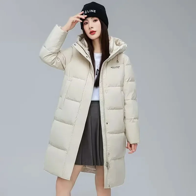 Kurtka bawełniana 2025 Nowa modna, popularna luźna i gruba wersja z kapturem, kurtka za kolano, wyszczuplająca kurtka bawełniana