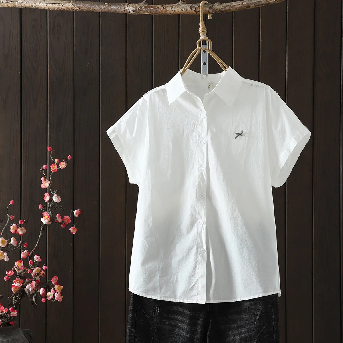 Nueva camisa de manga corta de algodón de verano 2025, lazo con cuello vuelto para mujer, blusa holgada informal sencilla y dulce para chica Mori T54620CC