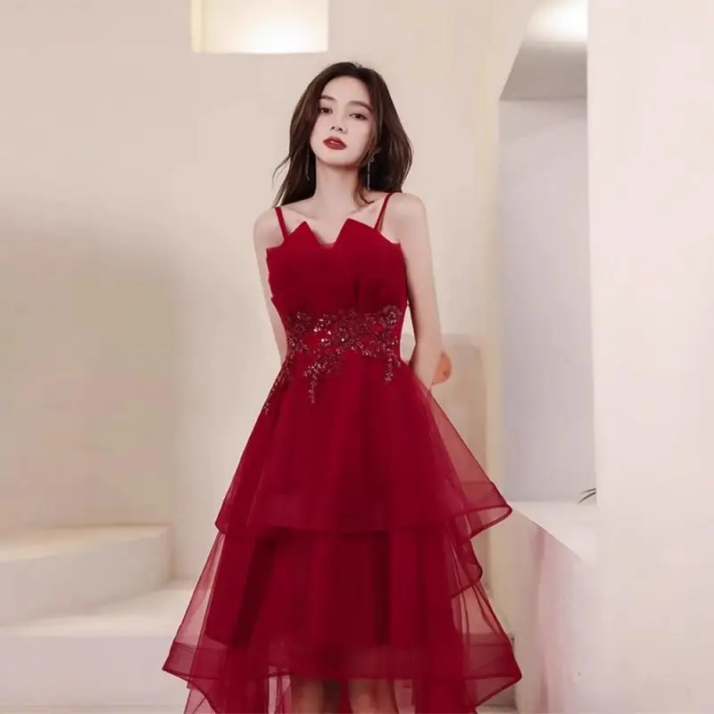 Strap Red Wedding Dress Hepburn Style Red Dress Engagement Dress Short Before Wedding Long After Evening Dress Customized