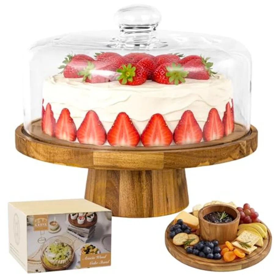 

Acacia Wood Cake Stand with Lid, 12" Glass Cake Stand with Dome Cake Holder, 2-in-1 Dessert Table Display Set & Charcuterie Boar