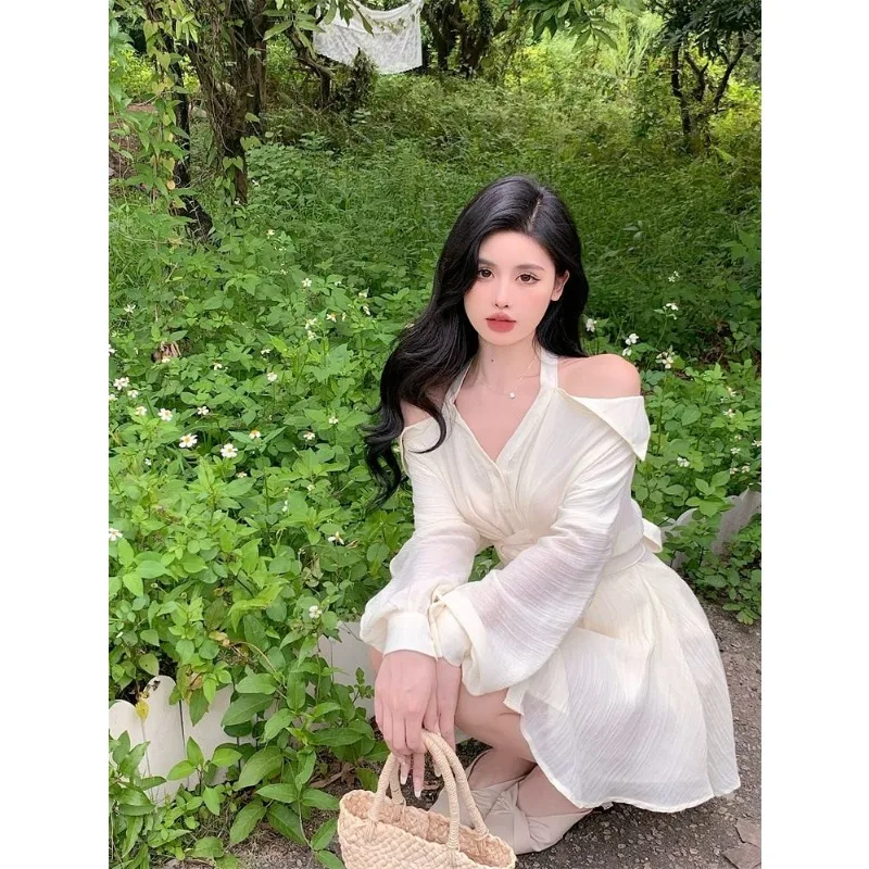 Sukienka koszulowa z odkrytymi ramionami, podkreślająca talię, damska, retro, krótka spódnica, szorty, dwuczęściowy komplet.