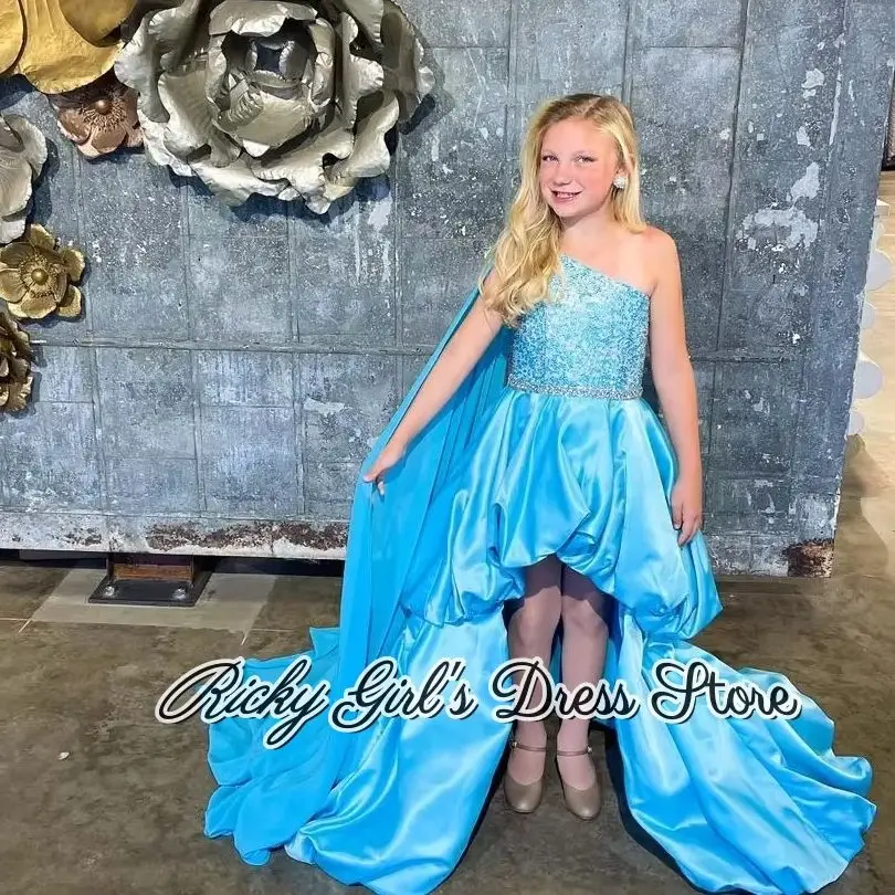 One Shoulder Satin Flower Girl Dress For Wedding With Train Sequin Beaded Princess Communion Dress Custom Kids Party Gown