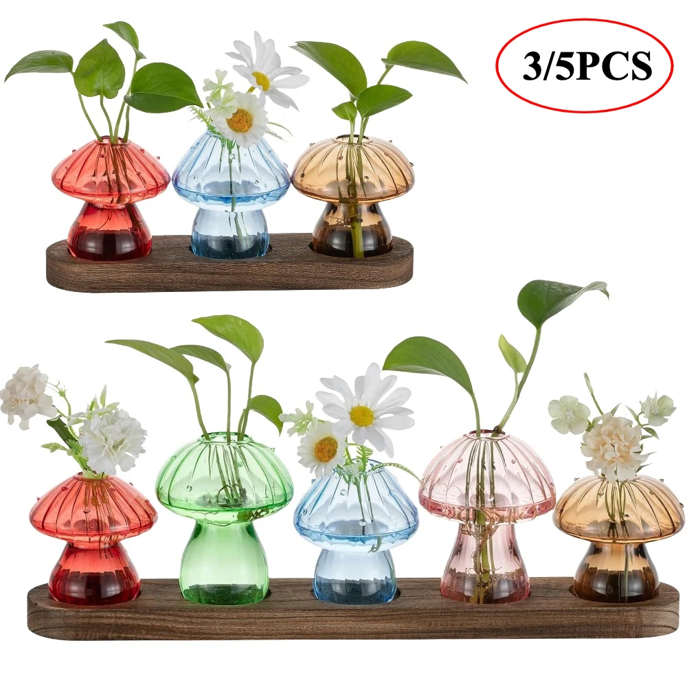 Glasseam Mushroom Plant Propagation Stations Glass Plant Vases with Wood Stand Unique Hydroponic Planter for Home Office Decor