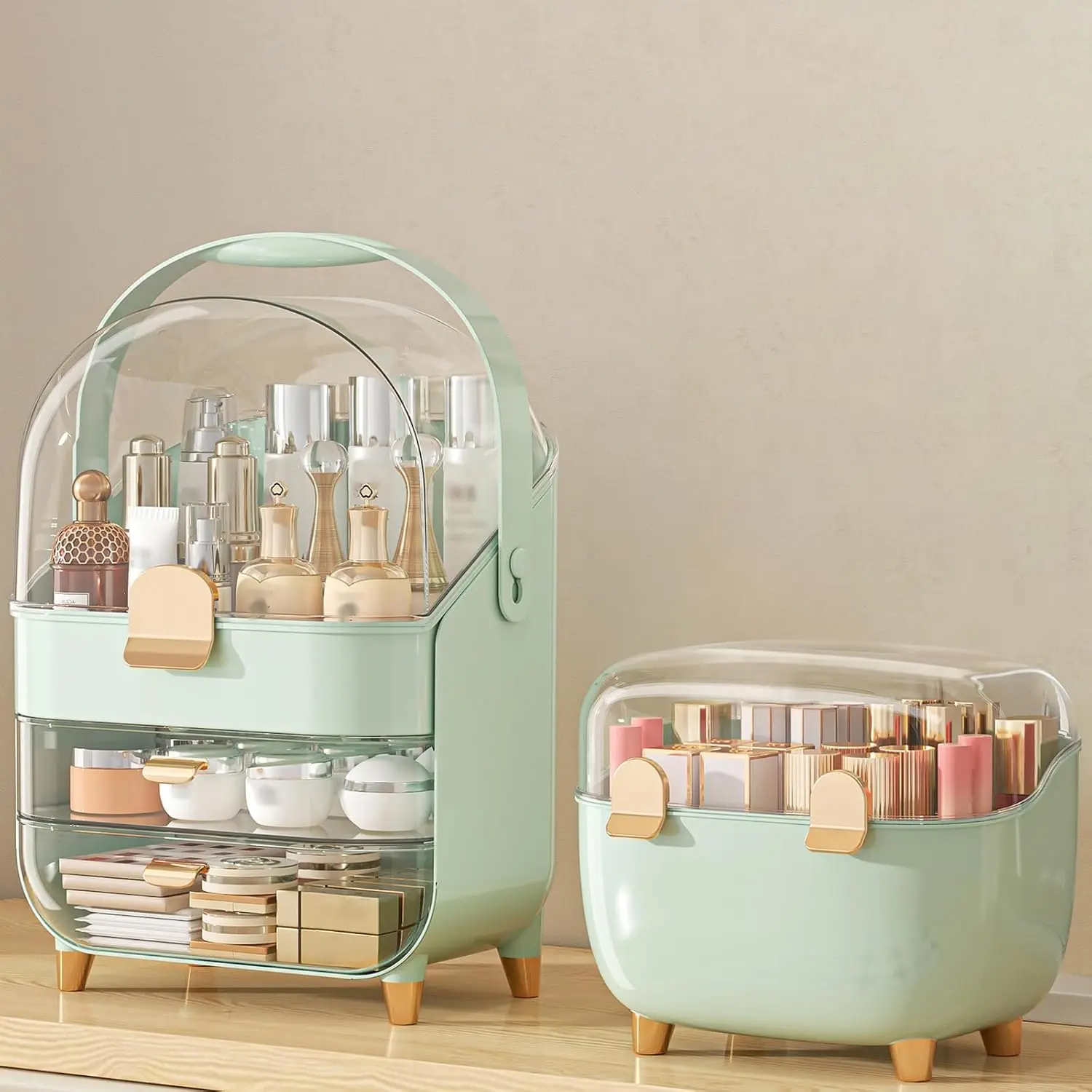 

Трехуровневый органайзер для косметики с держателем для помады, прозрачный контейнер для хранения косметики и средств по уходу за кожей на туалетном столике