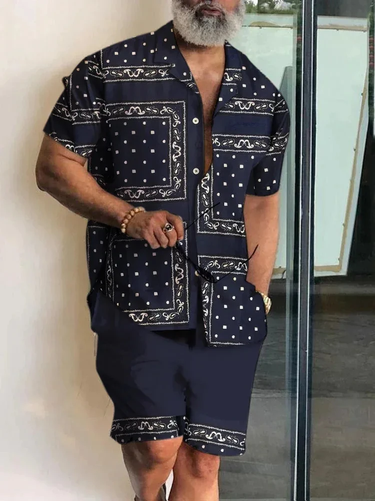 Men's Shirt Sets 3d Print Patchwork Lapel Short Sleeve Casual Shirt Beach Shorts Summer Streetwear Vacation Hawaiian Suits Men