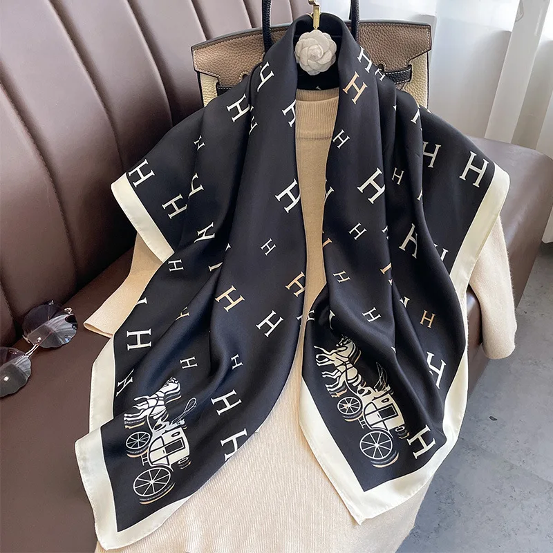 New H-letter imitation silk scarf 90cm luxurious carriage pattern twill silk square scarf elegant temperament women's shawl