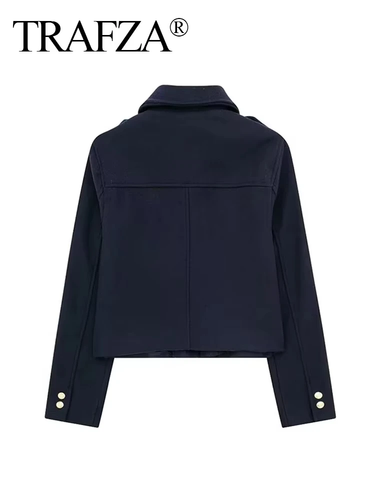 TRAFZA Female Autumn Fashion Casual Jacket Long Sleeves Lapel Coat Women\'s Chic Loose Single-breasted Solid Navy Retro Jacket