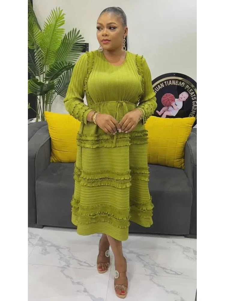 Vestido plisado elegante para mujer, cuello redondo, manga larga Floral 3D, diseño empalmado de hongos, vestidos acampanados, moda de fiesta, nuevo 2025