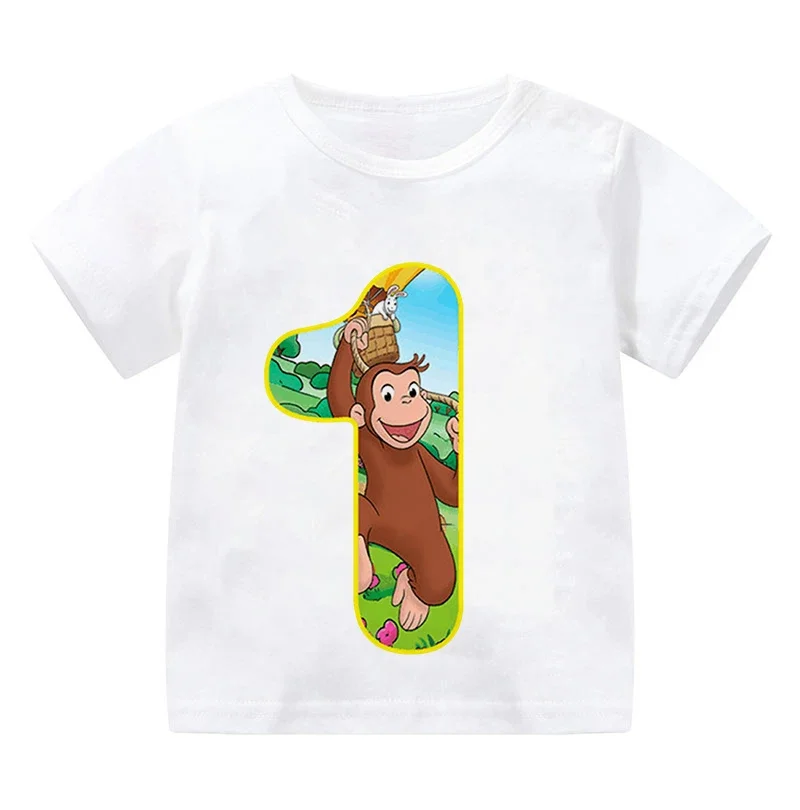 Birthday Number Kids T-shirt Curious George Cute Monkey Print Cartoon Tshirt 1-9 Years Boys Clothes Baby Girls T-shirts Tops