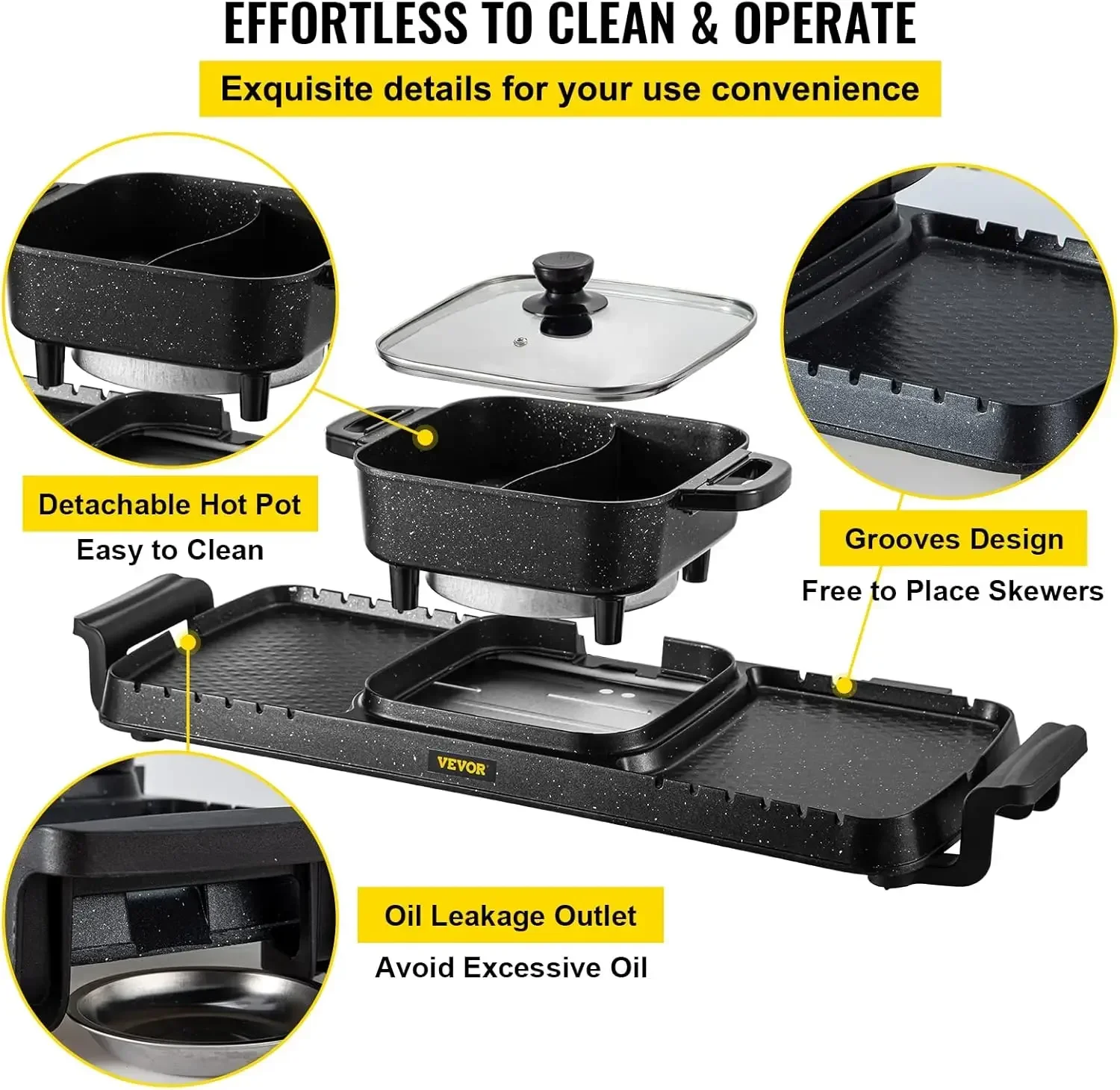 

2 in 1 Electric Grill and Hot Pot, 2400W BBQ Pan Grill and Hot Pot, Multifunctional Teppanyaki Grill Pot with Dual Temp Control
