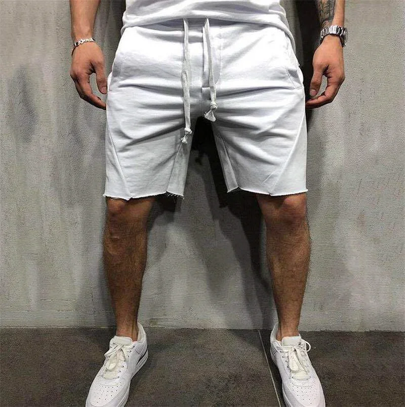 Men\'s Solid Color Frayed Hem Drawstring Shorts Hip Hop Streetwear Male Gyms Fitness Short Sweatpants Joggers Sportswear Shorts