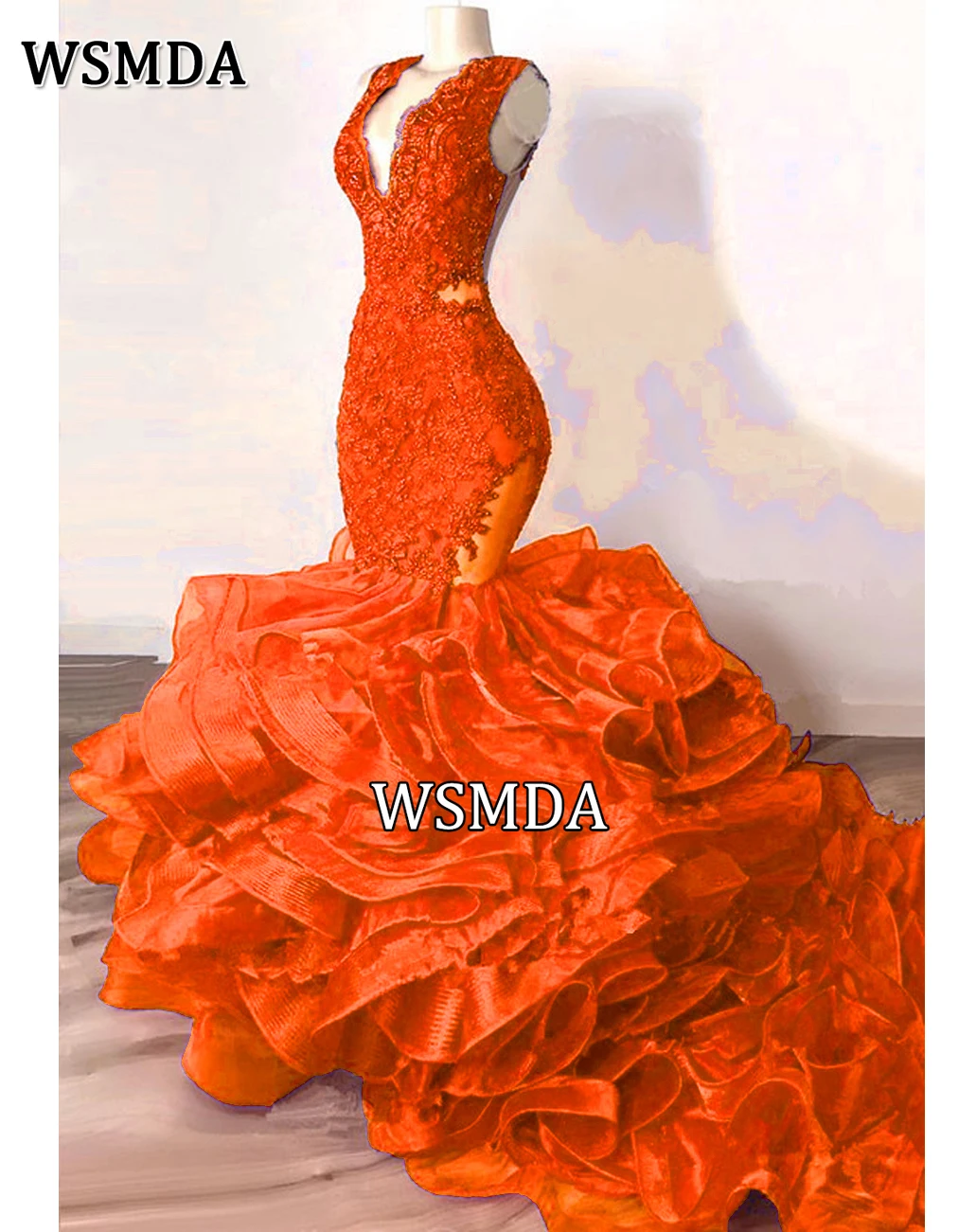 Luxury Royal Blue Lace Beaded Mermaid Evening Dresses Puffy Bottom Ruffles Long Prom Gowns Sexy Party Vestido Formatura
