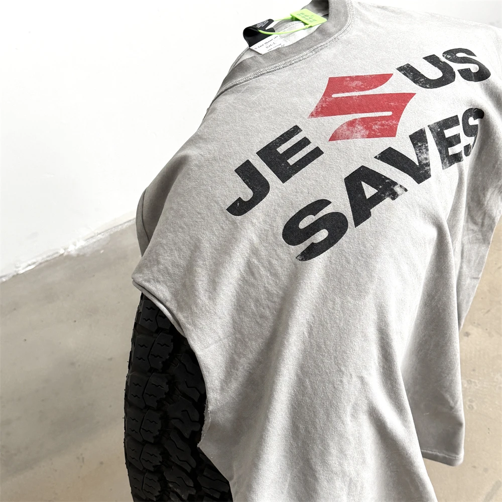 Washed Saint JESUS SAVES Sleeveless Sleeve Cut T-Shirt Men Women High Quality Tops Tee T Shirt