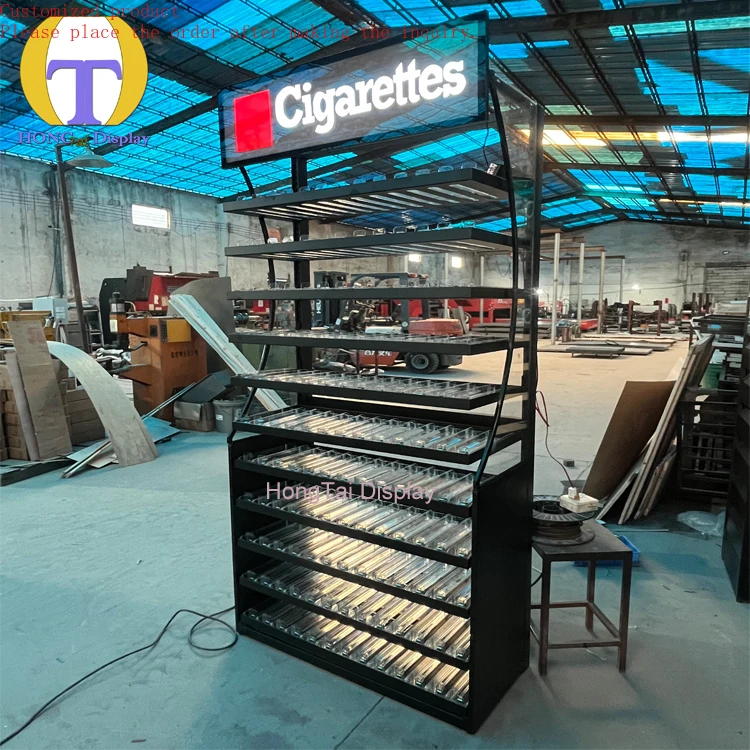 

Custom.High-quality Adjustable Iron Layer Plate Retail Store Tobacco Display With Pusher Customized Logo Metal Smoke Showcase