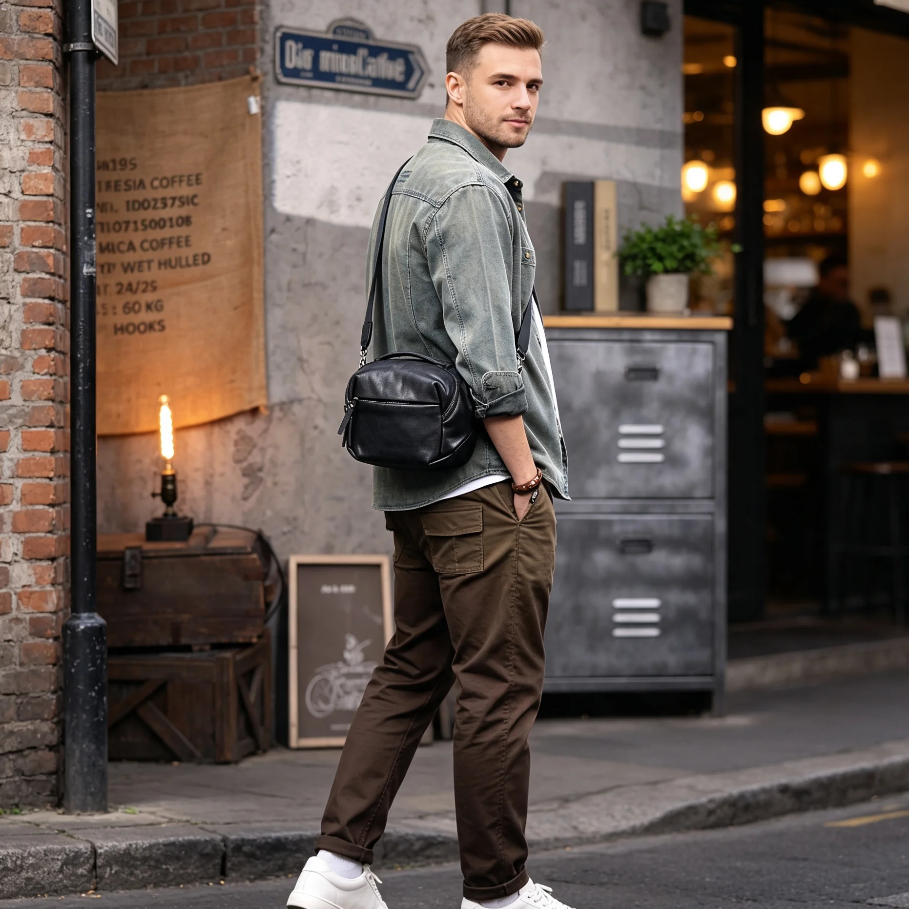 Echte Leder-Umhängetasche für Herren, Casual, Vielseitig, Kameratasche, Oberleder, Modischer Stil – Detail 5