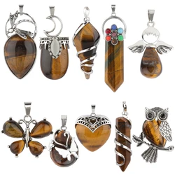 10 Types Yellow Tiger Eye Natural Stone Pendant With Chain Display Box Heart Waterdrop Shape Pendant fit for Women Jewelry DIY