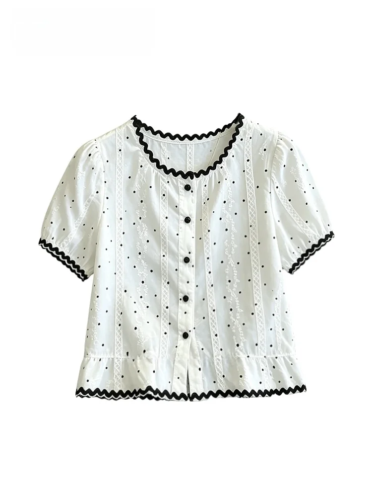 

CaraCLUB Unique Beautiful Bubble Sleeve Shirt Women's Casual Style Short Sleeve Floral Trim Blouse Large Size Summer Top
