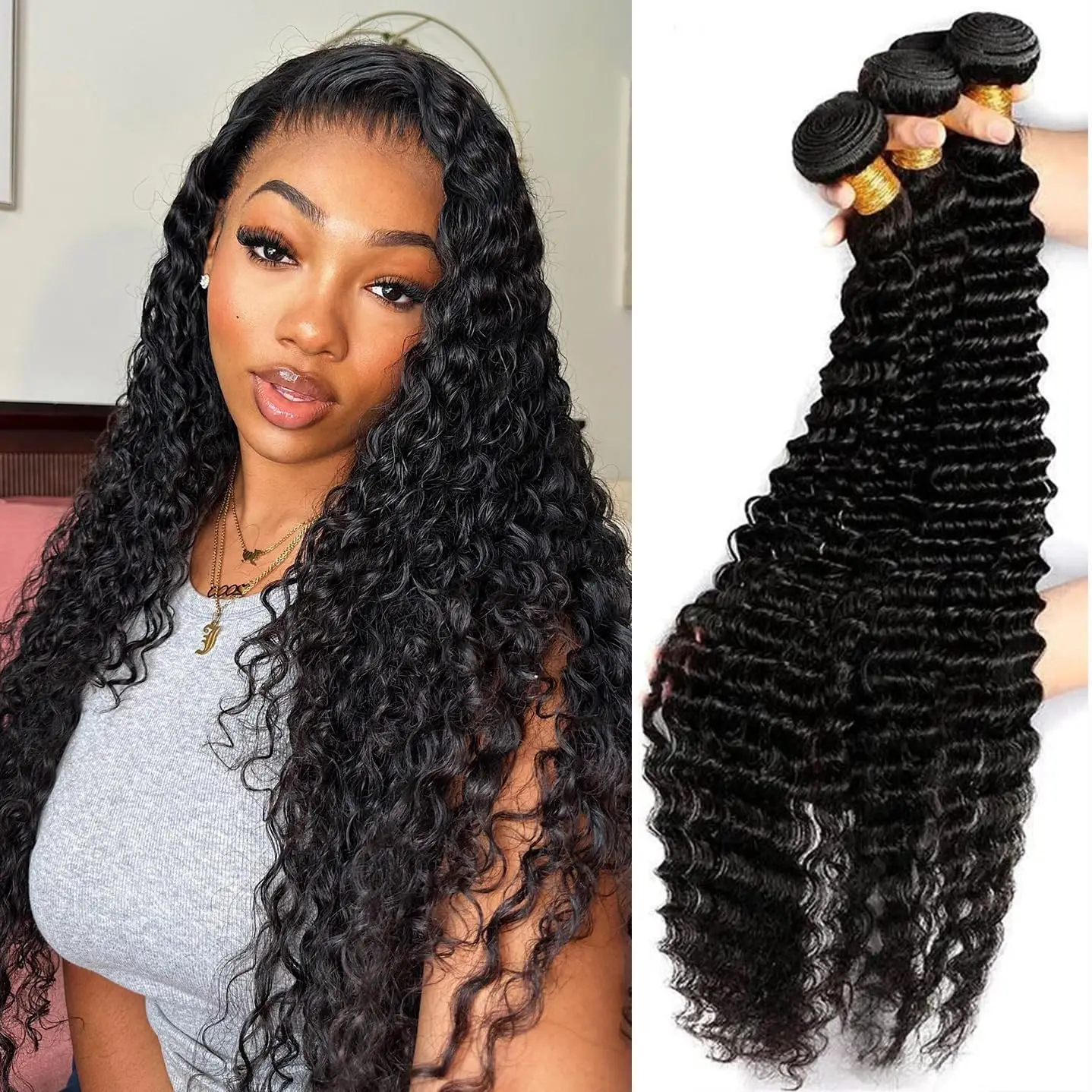 12A Deep Wave Human Hair Bundles 18 20 22 Inch Deep Curly Bundles Human Hair 100% Unprocessed Brazilian Virgin Weave 3 Bundles