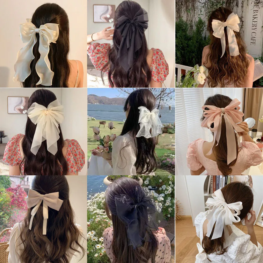 Big Organza Mesh Bow Ribbon Spring Hairpins Ponytail Holder Hair Accessories Pin Clip for Women Hair Ornaments Headwear