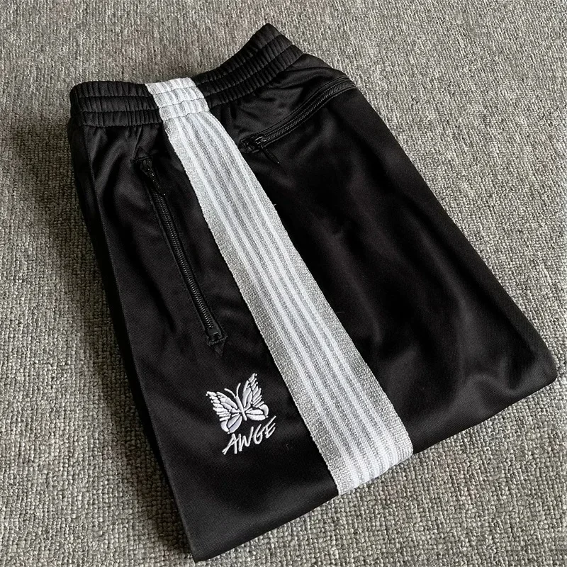 25ss Butterfly Embroidery AWGE Casual Striped Pants 1：1 Best Quality Brown Men Pants Women Sweatpants