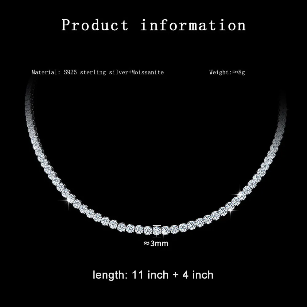 Kanolan GRA Certified 3mm Moissanite Tennis Necklace Adjustable Solid 925 Sterling Silver Diamond Tennis Necklaces for Women Man - view 2